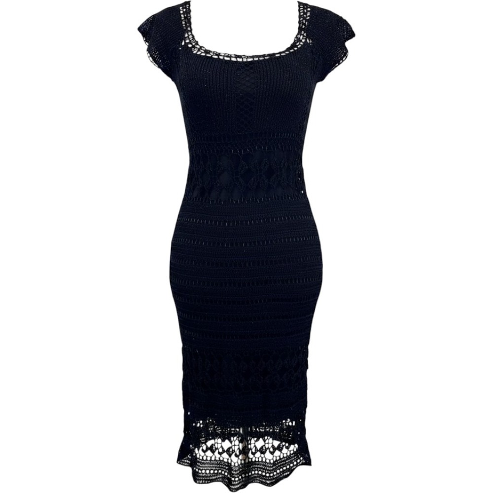 Basix II Crochet Sheath Dress Women Medium Black Beaded Knit Goth Whimsigoth NWT